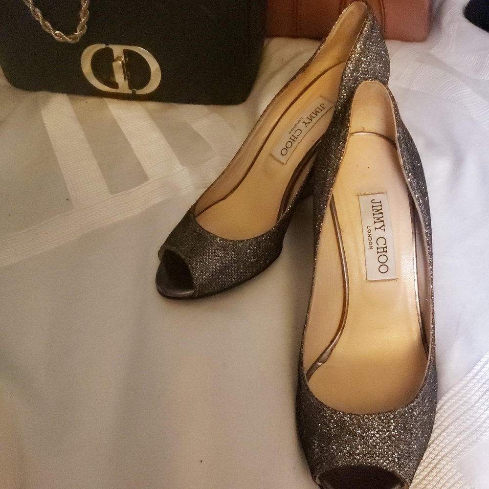 Jimmy Choo Sparkling Peep Toe Heels - Silver